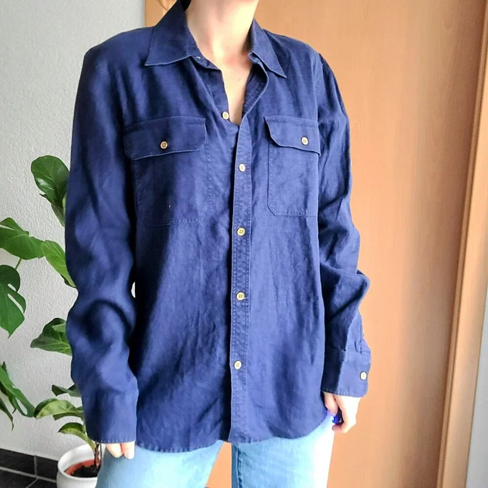 Lauren Ralph Lauren Navy Blue Linen Long Sleeve Button Down Shirt Size Medium - Picture 10 of 13